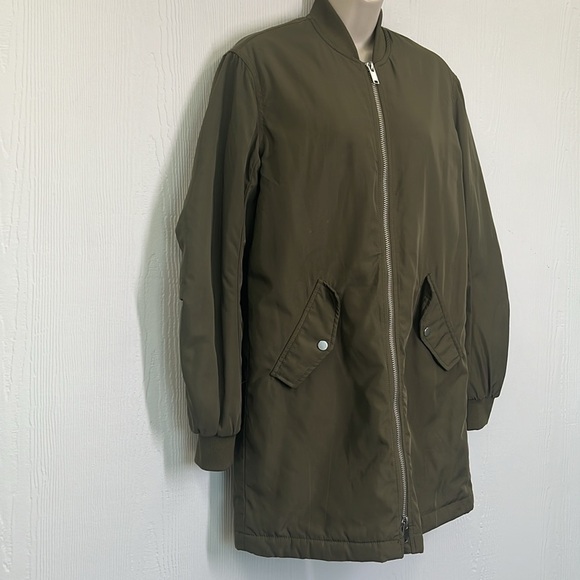 H&M - Army Green Shiny Zip Up Long Sleeve With Pockets Long Bomber Jacket SZ XS - Picture 3 of 8